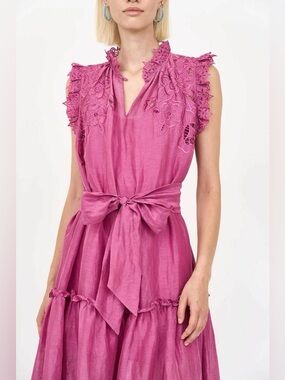 Christy Lynn Gemma Dress Fuchsia Pink Small Linen Silk Embroidered Floral Eyelet